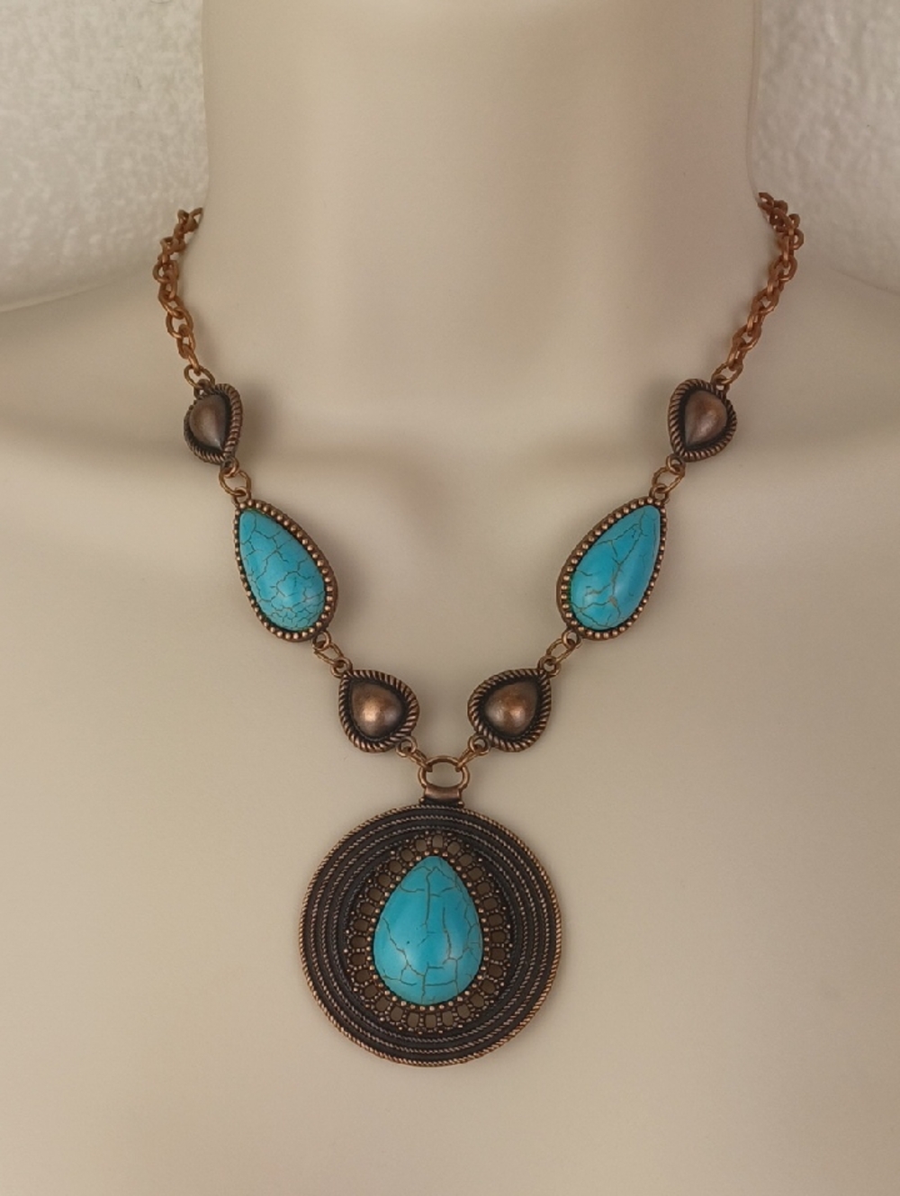 3 Tear Drop Turquoise Stones In Antique Bronze Elaborate Settings Necklace